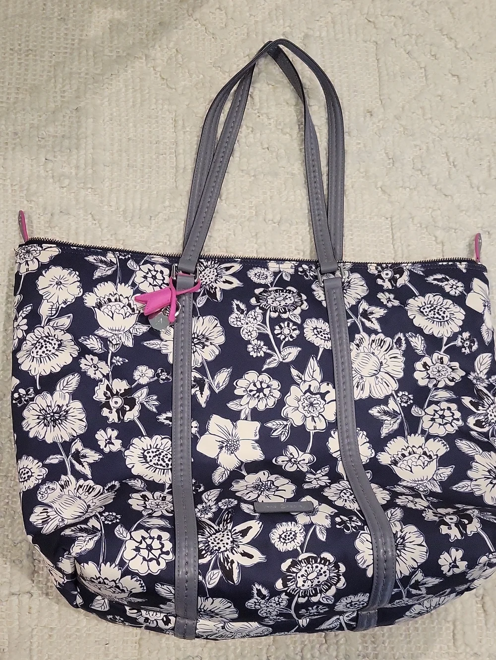Vera Bradley Floral Navy and White Tote Bag with Pink Accent
